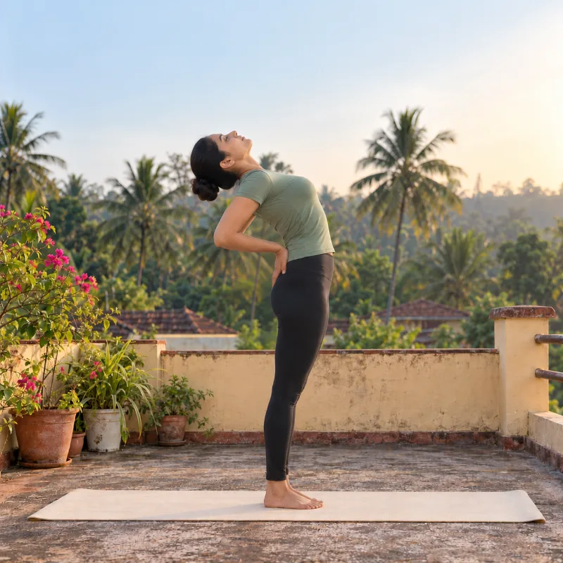 Woman demonstrating Ardha Cakrāsana, half wheel pose