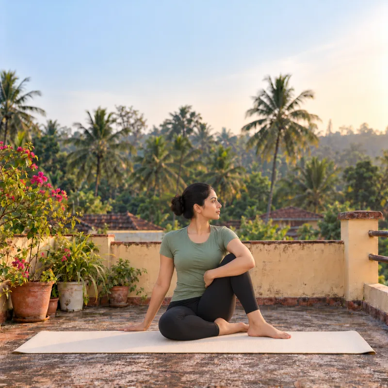 Woman demonstrating Ardha Matsyendrāsana, half lord of the fishes pose