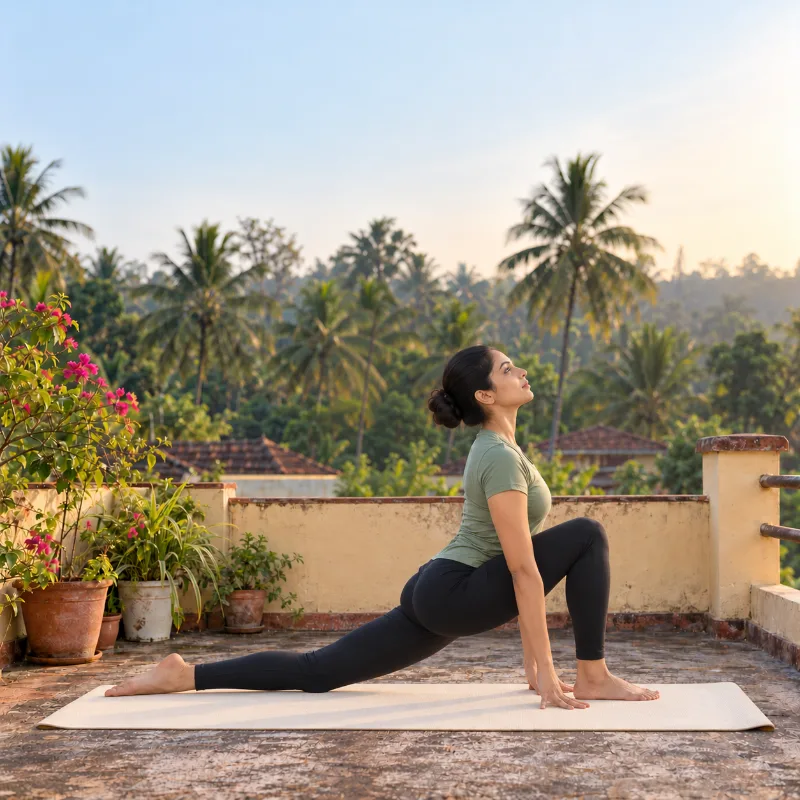 Woman demonstrating Aśva Sañcalanāsana, equestrian pose