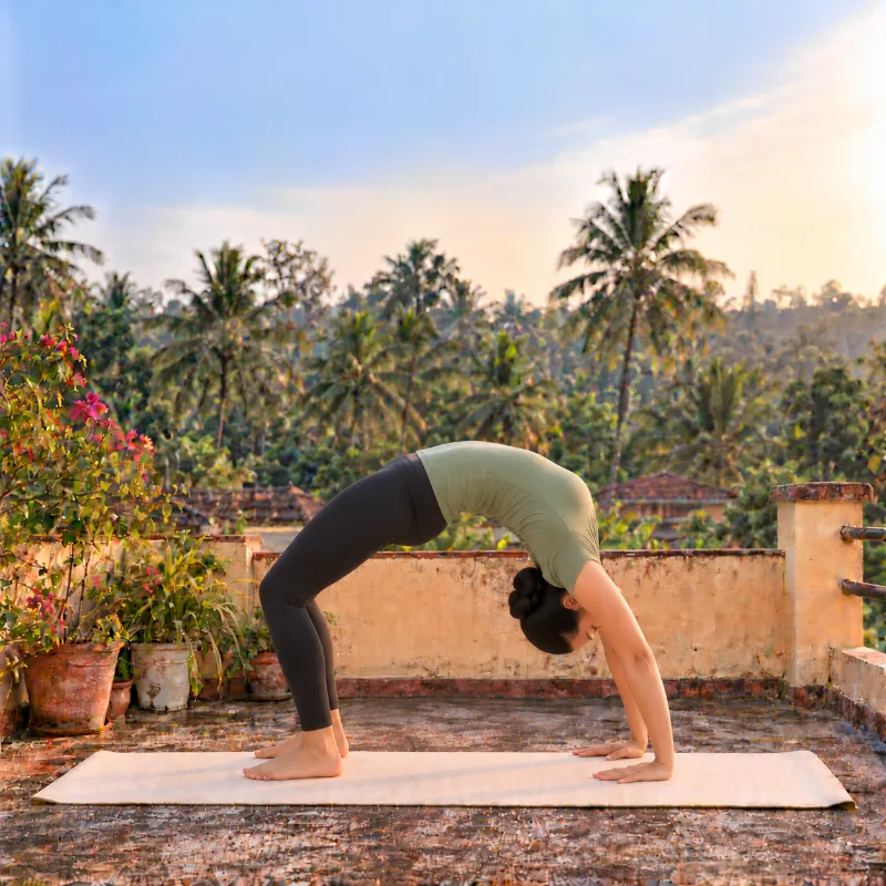 Woman demonstrating Cakrāsana, wheel pose