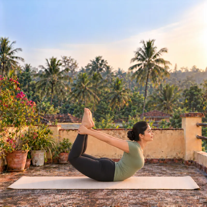 Woman demonstrating Dhanurāsana, bow pose