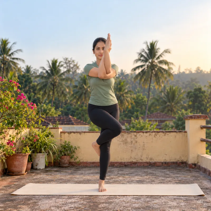 Woman demonstrating Garuḍāsana, eagle pose