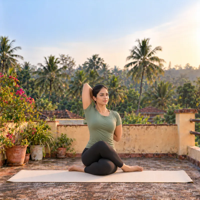 Woman demonstrating Gomukhāsana, cow face pose