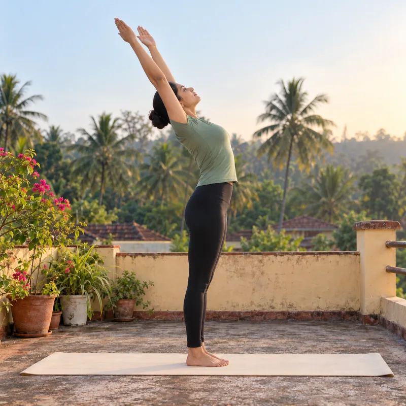 Woman demonstrating Hastottānāsana, raised arms pose