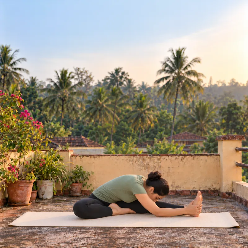 Woman demonstrating Jānu Śīrṣāsana, head-to-knee pose