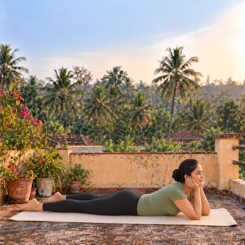 Woman demonstrating Makarāsana, crocodile pose