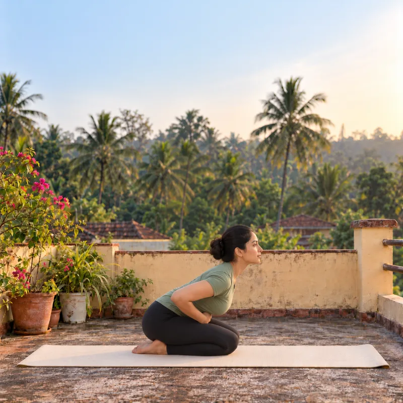 Woman demonstrating Maṇḍūkāsana, frog pose