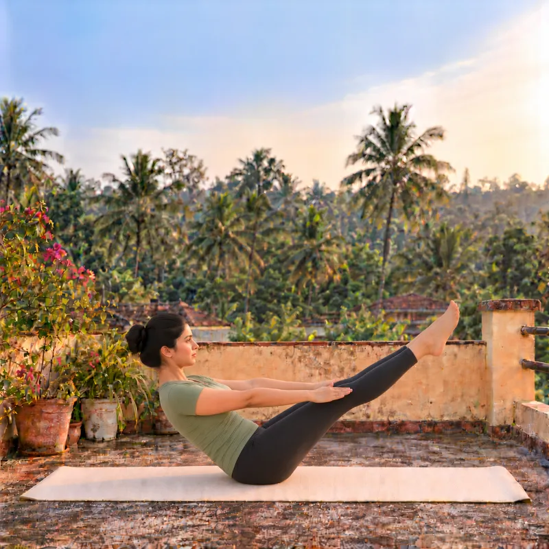 Woman demonstrating Naukāsana, boat pose