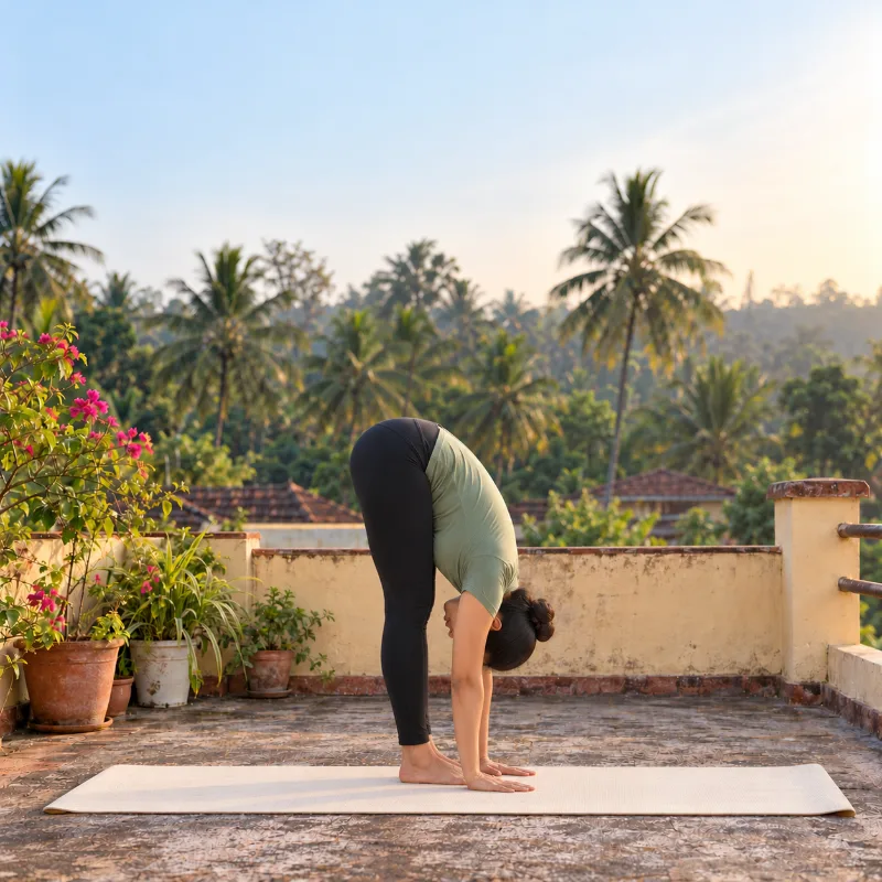 Woman demonstrating Pādahastāsana, hand-to-foot pose