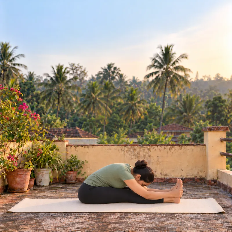 Woman demonstrating Paścimottānāsana, seated forward bend