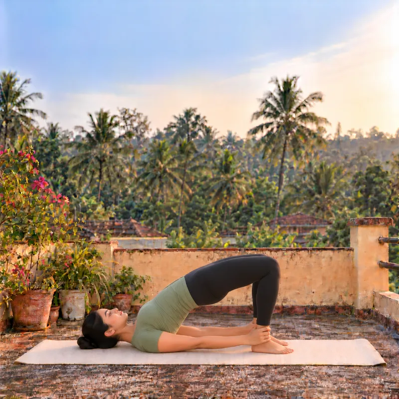Woman demonstrating Setu Bandhāsana, bridge pose