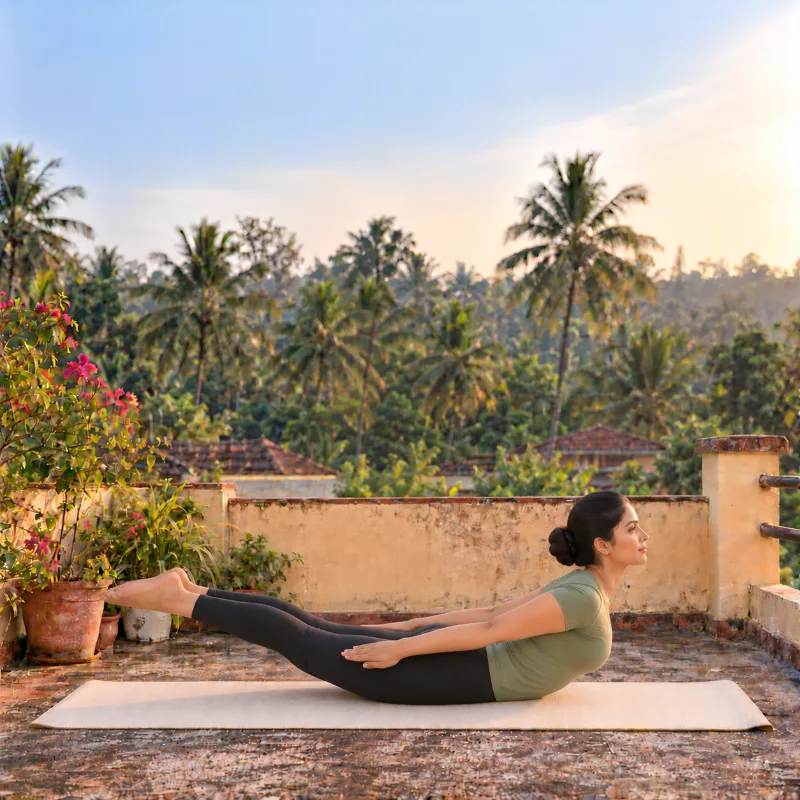 Woman demonstrating Śalabhāsana, locust pose