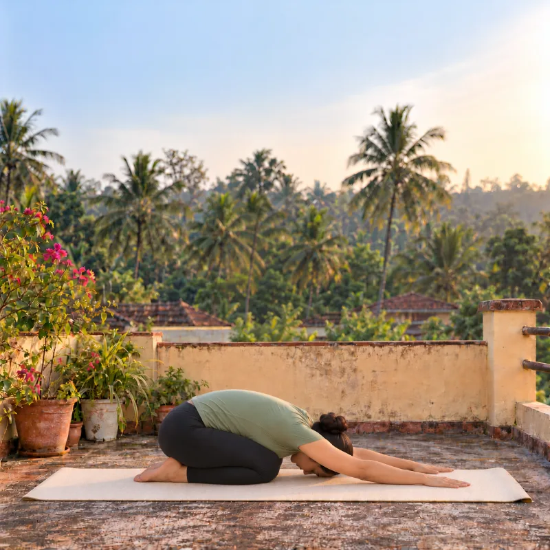 Woman demonstrating Śaśāṅkāsana, hare pose
