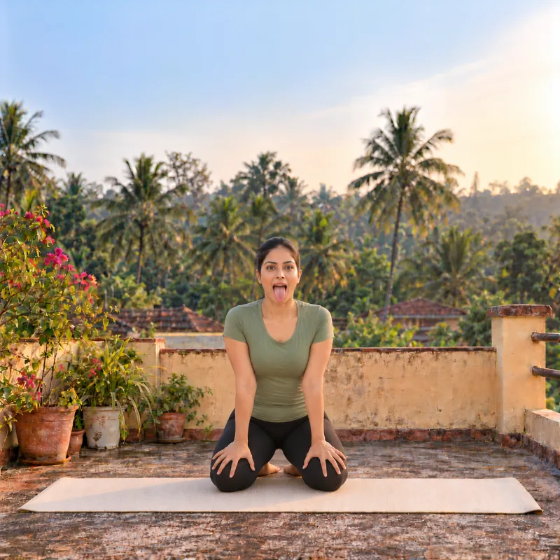 Woman demonstrating Siṃhāsana, lion pose