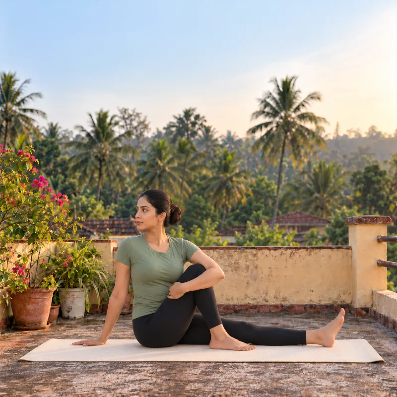 Woman demonstrating Vakrāsana, twisted pose