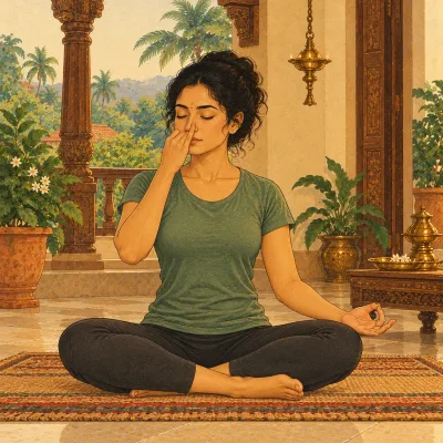 A woman practising alternate-nostril breathing with her right hand in nāsikā mudrā