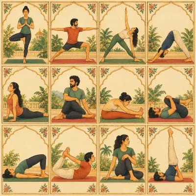 A grid of twelve small figures in different yoga postures