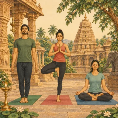 Three practitioners in Tāḍāsana, Vṛkṣāsana and Padmāsana in a temple courtyard