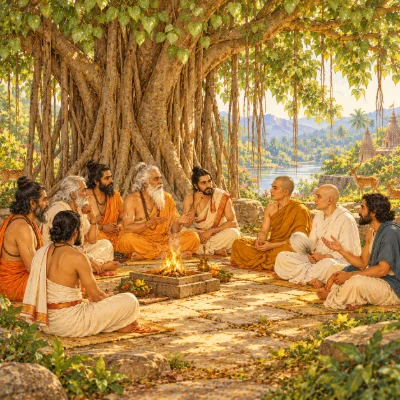 Sages seated around a small fire altar under a banyan tree in calm debate with a Buddhist monk, a Jain monk in white and a man in plain clothes