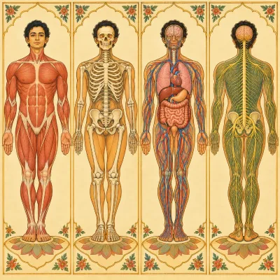 An anatomical cutaway of a person in Tāḍāsana showing the major organ systems