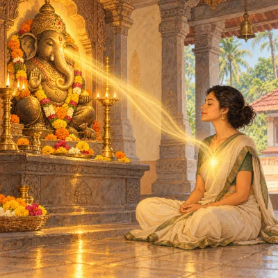 A woman in a cream sari sitting with eyes closed before a lamp-lit Ganapati mūrti, a stream of warm light flowing to her heart