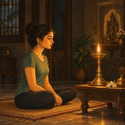 A practitioner gazing steadily at a single diya flame in a dim room