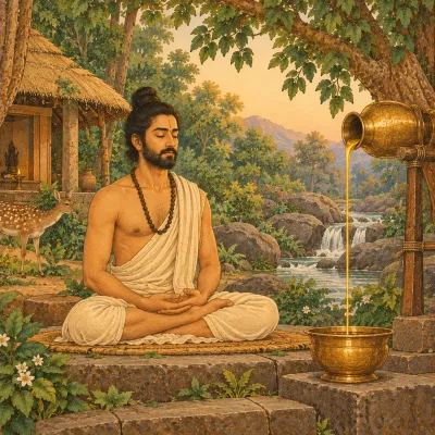 A yogi meditating beside an unbroken stream of golden oil poured from a brass vessel