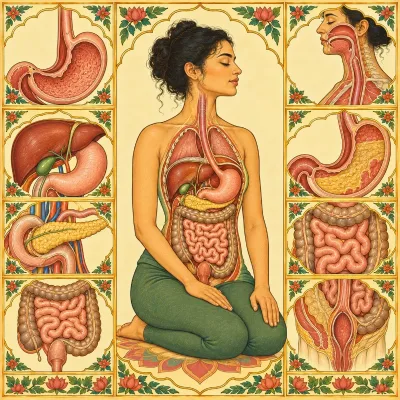An anatomical drawing of the digestive organs in a person seated in Vajrāsana