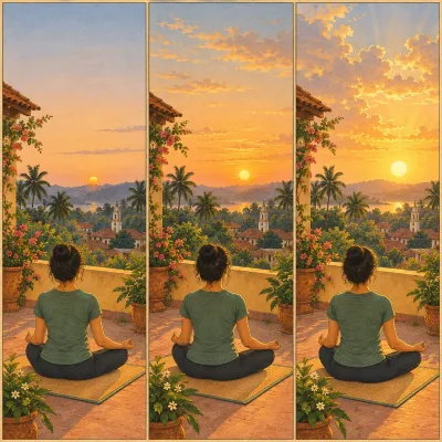 Three panels of the same woman meditating on a terrace at dawn, the sun higher in each, showing practice at the same time and place every day