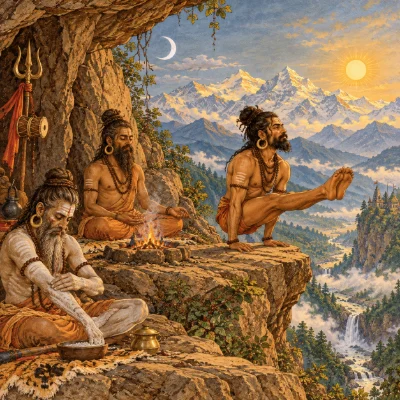 Haṭha yogīs in a Himalayan rock shelter at dawn: one balancing on his hands in a seated pose, two meditating beside a small fire, a trident and a drum behind them