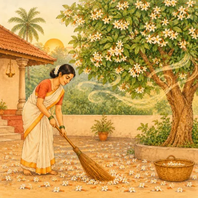A woman sweeping fallen white pārijāta flowers at dawn while the tree keeps blooming and its fragrance drifts