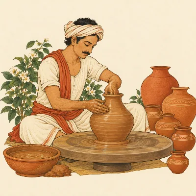 A village potter absorbed in shaping a clay pot on a wheel with calm, skilled hands