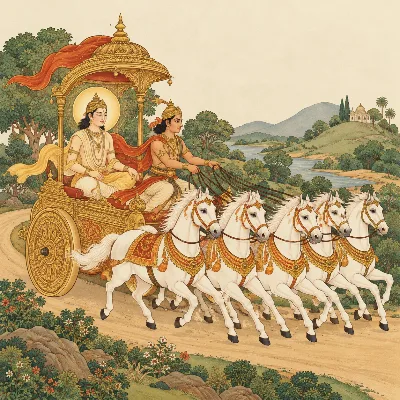 A golden chariot drawn by five white horses, a charioteer at the reins and a serene passenger behind him