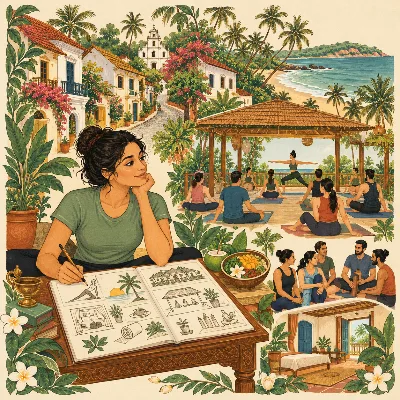 A yoga teacher sketching plans for her own small studio, beside a view of a Goan village with palms, a beach and an open-air yoga shala