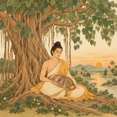 A young woman in a white sari with a saffron shawl sits under a banyan tree, calmly cradling a monkey asleep in her lap