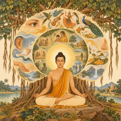 A student meditating under a banyan tree, three layers of light around the head