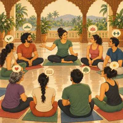 A yoga teacher seated in a circle of students on mats in a pillared hall, small picture bubbles above each student as she remembers something about each one