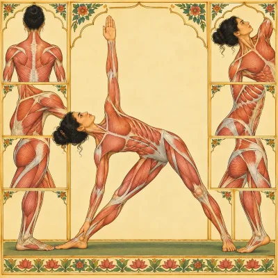 An anatomical drawing of the muscles in Trikoṇāsana