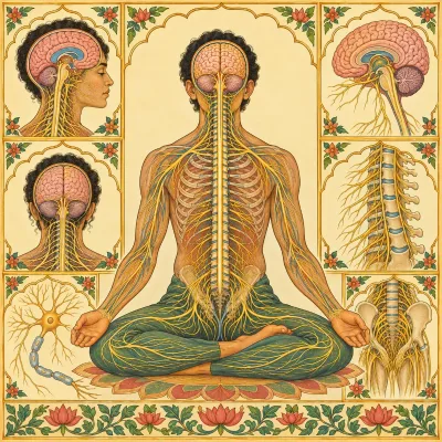 An anatomical drawing of the brain, spinal cord and nerves in a seated meditator
