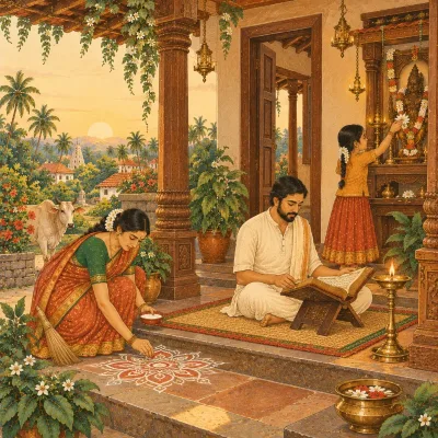 A home at dawn: sweeping, drawing a rangoli, reading scripture and offering a flower