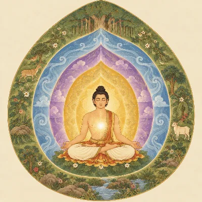 A meditator surrounded by five nested layers of coloured light, from an outer green sheath to an inner glow
