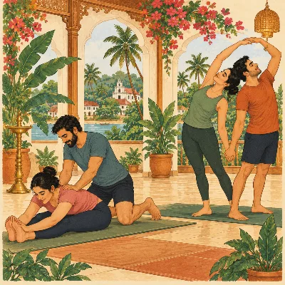Two pairs on yoga mats stretching together: one partner gently pressing a seated forward bend, two others standing hand in hand in a side stretch