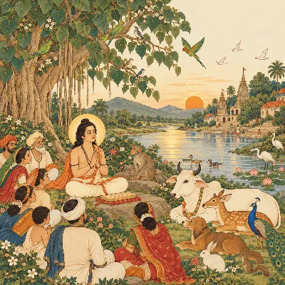 A young saint seated by a river with folded hands, with people, birds and animals gathered around him in friendship