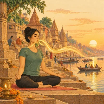 A practitioner breathing slowly on the ghats of Varanasi at sunrise