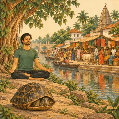 A tortoise drawing in its limbs beside a meditator undisturbed by a busy market