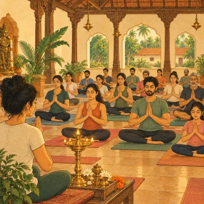 A yoga class beginning with joined palms and closed eyes before a brass lamp