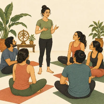 A yoga teacher standing tall and gesturing while speaking to students seated on mats