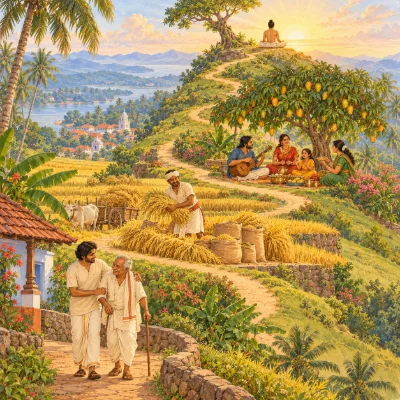 A path climbing a hill: a young man helping his elderly father, a farmer with a rich harvest, a family making music under a mango tree, and a meditator in golden light at the top