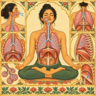 An anatomical drawing of a woman seated cross-legged, showing the airway from the nose to the lungs and the diaphragm, with small panels of the ribs, the lungs and the air sacs