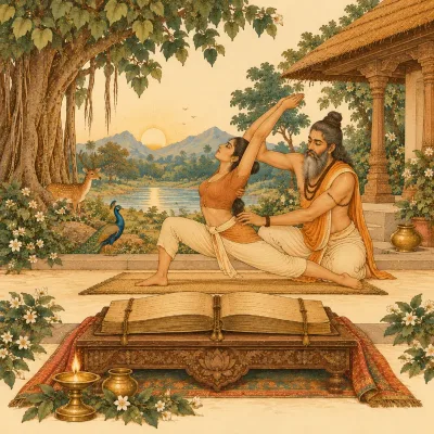 A palm-leaf manuscript with a teacher guiding a student’s practice above it